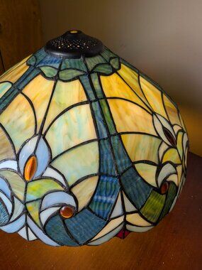 16” Tiffany Style Stained Glass Lamp Shade Blue Green Floral Dome